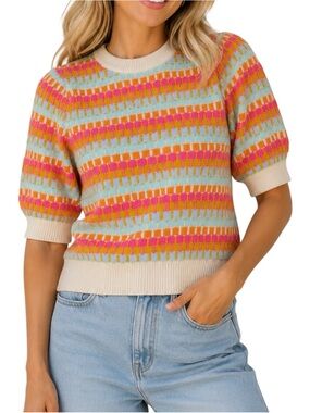 THML Colorful Puff Sleeve Bright Knit Short Sleeve Sweater Top Women’s Small